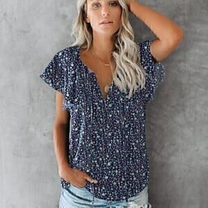 SimpleFun Women’s Boho Floral V-Neck Short Sleeve Blouse Size S